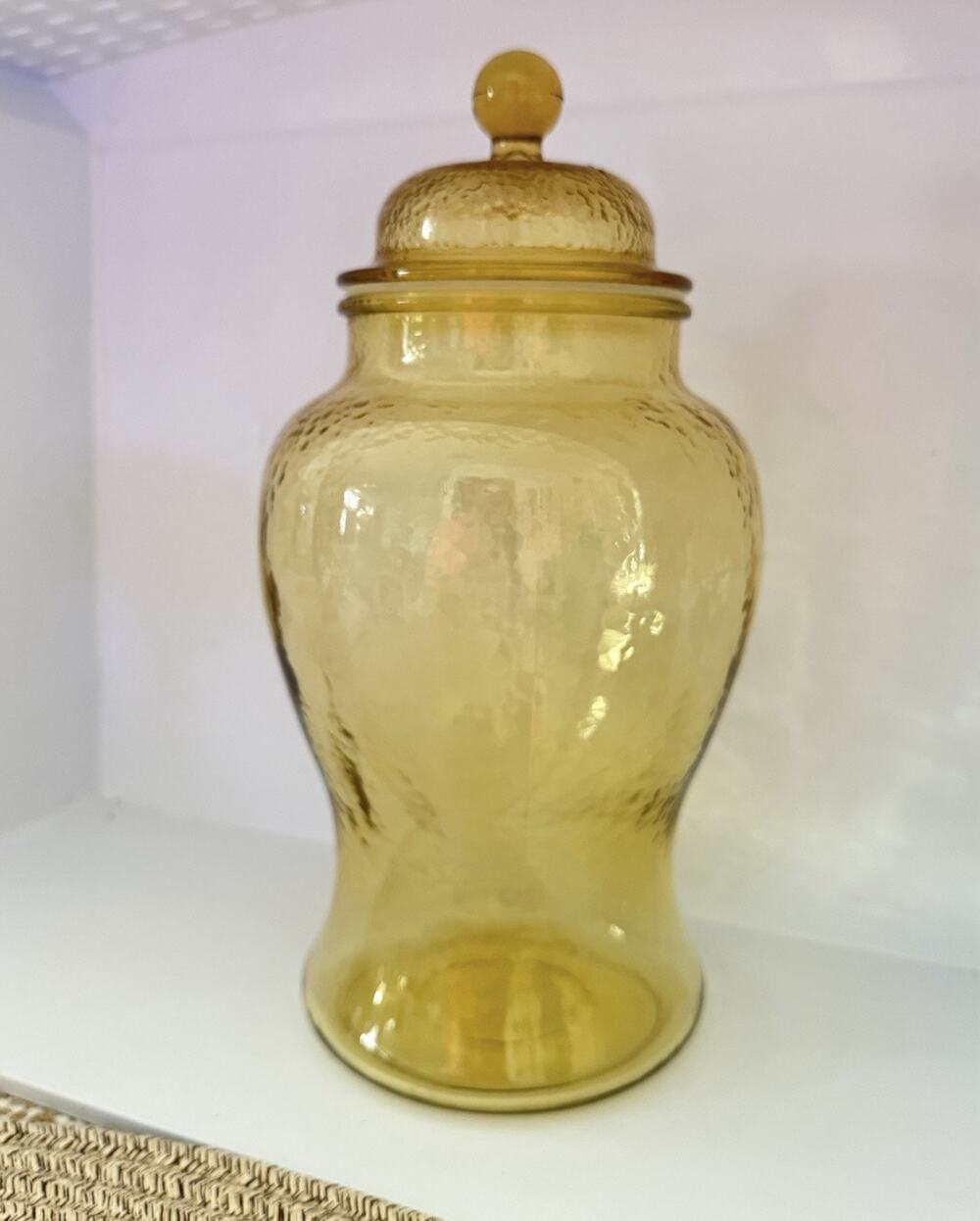Vintage Indiana Glass Amber Dimpled Apothecary Jar w Lid 12" MCM